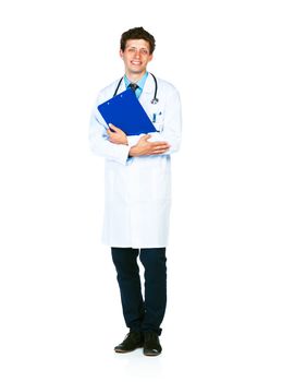 Full length portrait of a smiling male doctor holding a notepad on white background