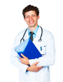 Portrait of smiling young male doctor writing on a patient's medical chart on white background