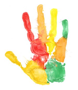 Close up of colored hand print on white background