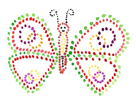 Butterfly with colourful wings drawing by the child on a paper