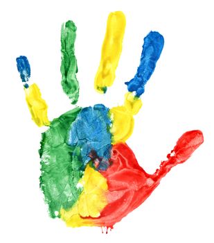 Close up of colored hand print on white background