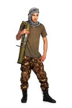 Arab nationality in camouflage suit and keffiyeh with launcher on white background with reflection