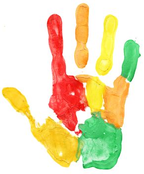 Close up of colored hand print on white background
