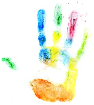 Close up of colored hand print on white background