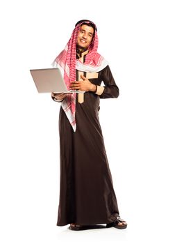 Young smiling arab with laptop isolated on white background