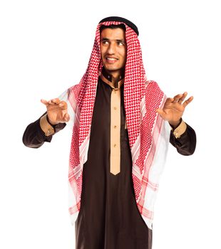 Arab man pressing virtual button on white background