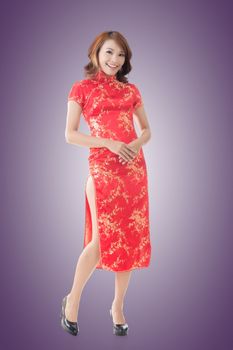 Chinese woman dress traditional cheongsam at New Year, full length portrait isolated.