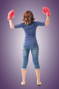 Fighting girl concept, rear view full length portrait of Asian isolated.