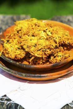 crispy fried potato fritter on an old clay plate and a green garden as background