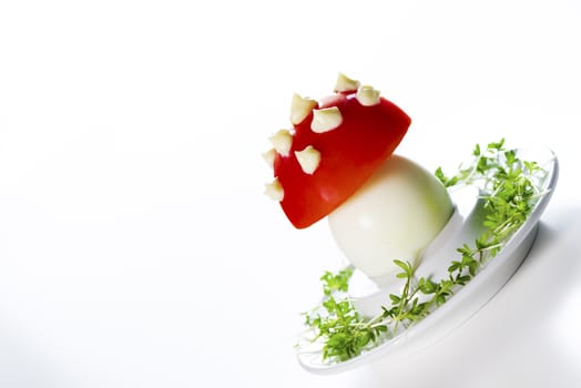 Funny food - boiled egg, cover with a tomato with mayonnaise points on leek bed