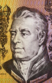 Joseph Banks (1743-1820) on 5 Dollars 1967 banknote from Australia. English naturalist, botanist and patron of the natural sciences.