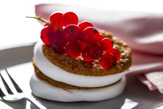 small cake with cream topping with currant on white plate