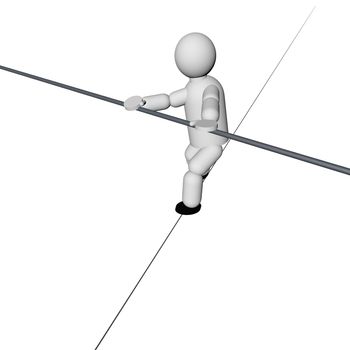 Acrobat walking on the rope isolated over white, 3d render