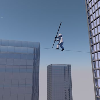 Acrobat walking on the rope over buildings, 3d render
