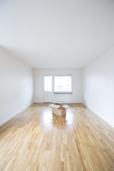 Empty room with a cardboard box in the middle