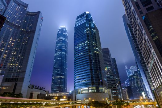 Hong Kong skyscrapers in night with famous buildings.
