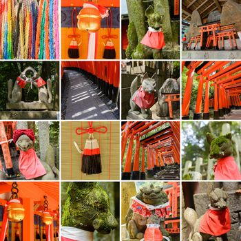 Collection of Fushimi Inari Taisha Shrine scenics, fox statue, thousands of torii, paper cranes of thousand etc.