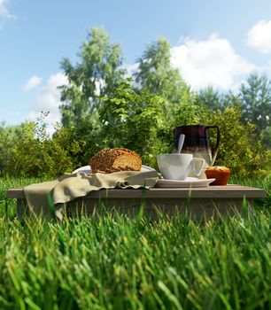 Coffee cup and bread picnic vacation relaxing concept stilllife