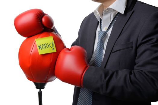 businessman with red boxing glove ready to fight with work, business concept