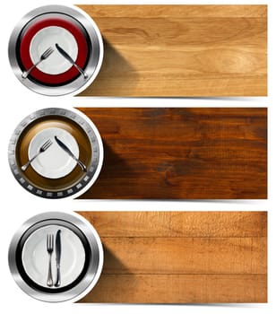 Collection of three kitchen banners with white and red empty plates, silver cutlery,wooden backgrounds. Isolated on white background