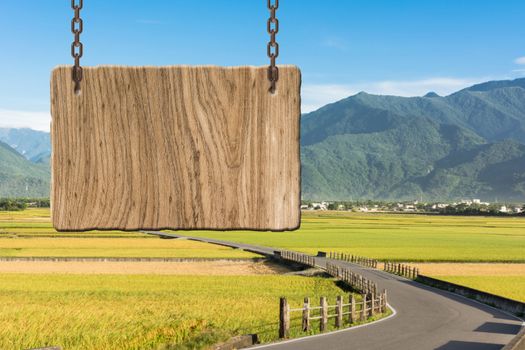 Blank wooden sign on field of farm. Concept of rural, idyllic, tranquility etc.