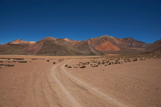 Colourful mountain landscape at Suriplaza in the Atacama Desert of north east Chile. The altitude is in excess of 4,000 metres.