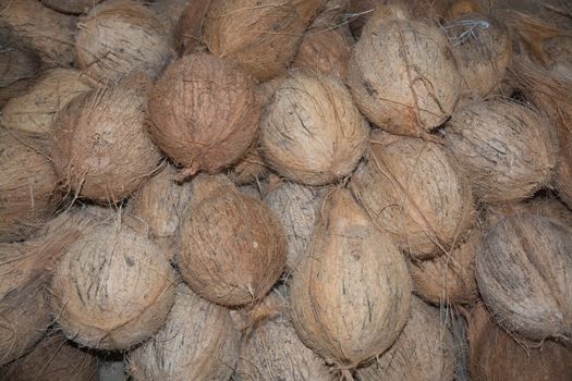 Coconuts in the market in Tangalle, Southern Province, Sri Lanka, Asia.