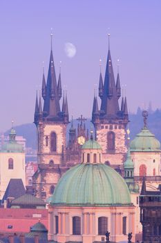 czech republic, prague - towers of tyn church at dusk