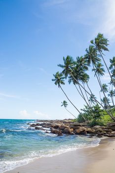 Tropical beach with rocks, coconut palm trees, sandy beach and ocean. Rocky Point, Tangalle, Southern Province, Sri Lanka, Asia.