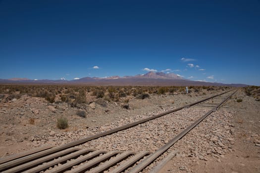 Railway line running across the high altitude Altiplano of northern Chile. The railway connects Bolivia with the Port of Arica on the Pacific Coast of Chile.