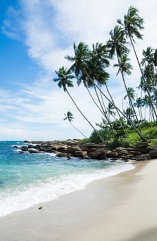 Tropical rocky beach with coconut palm trees, sandy beach and ocean. Tangalle, Southern Province, Sri Lanka, Asia.