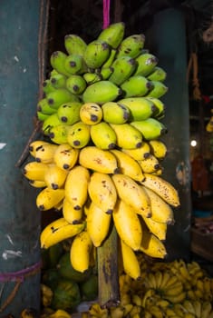 Green and yellow bananas in the Tangalle market, Southern Province, Sri Lanka, Asia.