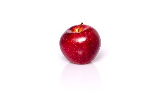 Single red apple with shadow and reflection on white