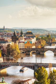 Overview of old Prague with Charles bridge before sunset