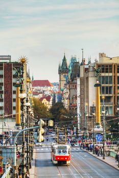 PRAGUE - OCTOBER 18: Tram at old street on October 18, 2014 in Prague. Prague historical Center, including most of the city major sites, became a UNESCO-listed site in 1992.