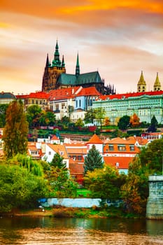 Old Prague cityscape in the evening at sunset