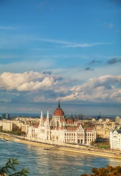 Parliament building in Budapest, Hungary on a cloudy day