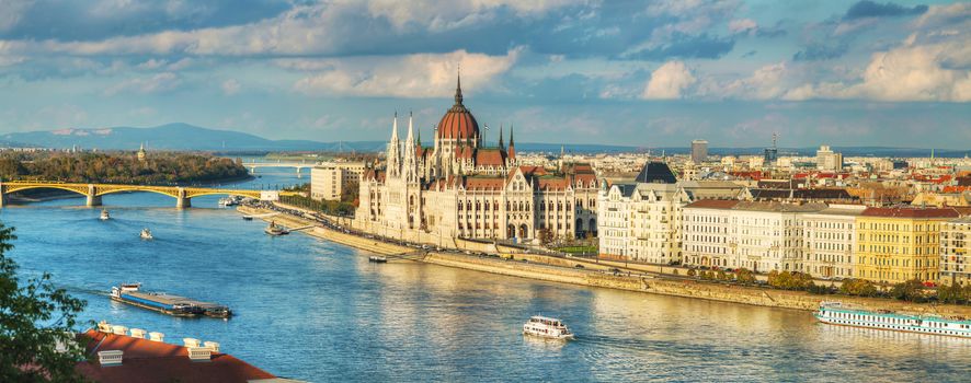 Panoramic overview of Budapest with Parliament building