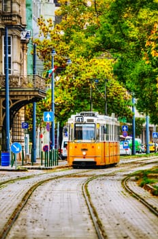 BUDAPEST - OCTOBER 22: Old tram at the street on October 22, 2014 in Budapest, Hungary. The tram network serves as the backbone of the transit system, carrying almost 400 million passengers annually.