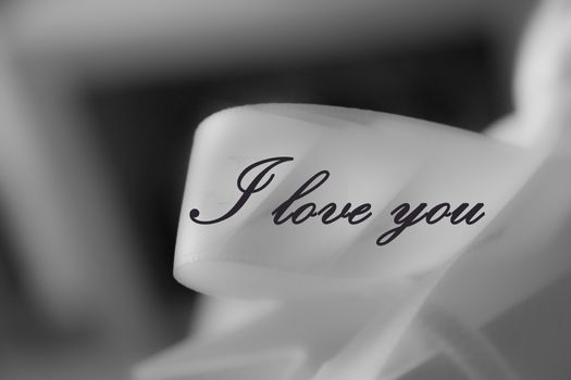 White bow with I love you text written on black and gray background.