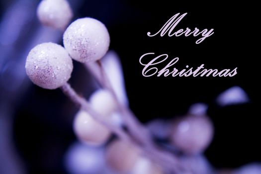 Christmas scene with bright white and blue balls on black background. Horizontal. Merry Christmas.