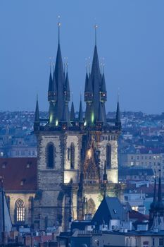 czech republic, prague - towers of tyn church at dusk