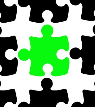 Green Jigsaw Puzzle Piece among black pieces on white background