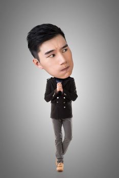 Funny Asian big head man, full length portrait.