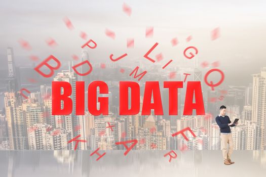 Concept of big data with text come from a man's digital device.