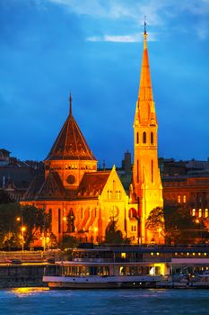 The Inner City Calvinist Church of Budapest at night