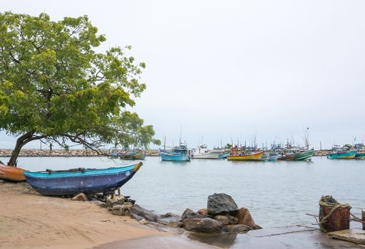 TANGALLE, SOUTHERN PROVINCE, SRI LANKA, ASIA - DECEMBER 20, 2014: Colorful wood fishing boats moored on December 20, 2014 in Tangalle port, Southern Province, Sri Lanka.