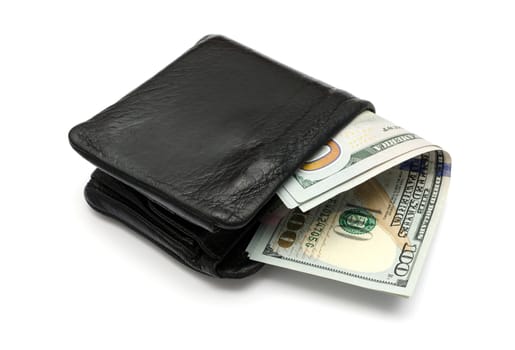 close-up of US dollars in a leather wallet isolated on white background