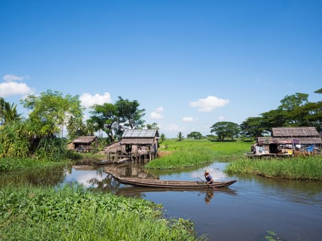 MAUBIN, MYANMAR - NOVEMBER 12, 2014: Man paddling past farmers' houses in Maubin, Ayeyarwady Division in Southwest Myanmar. Many homes in the area lack road connection and can only be reached by boat.