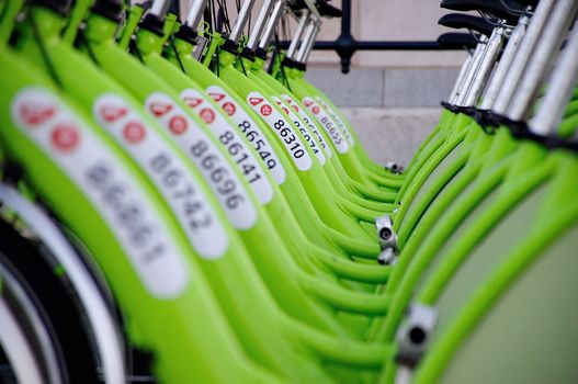 BUDAPEST, HUNGARY - DECEMBER 12 2014:New Budapest bike hire called "BUBI".Many cities around the world have bicycle sharing systems or community bicycle programs.